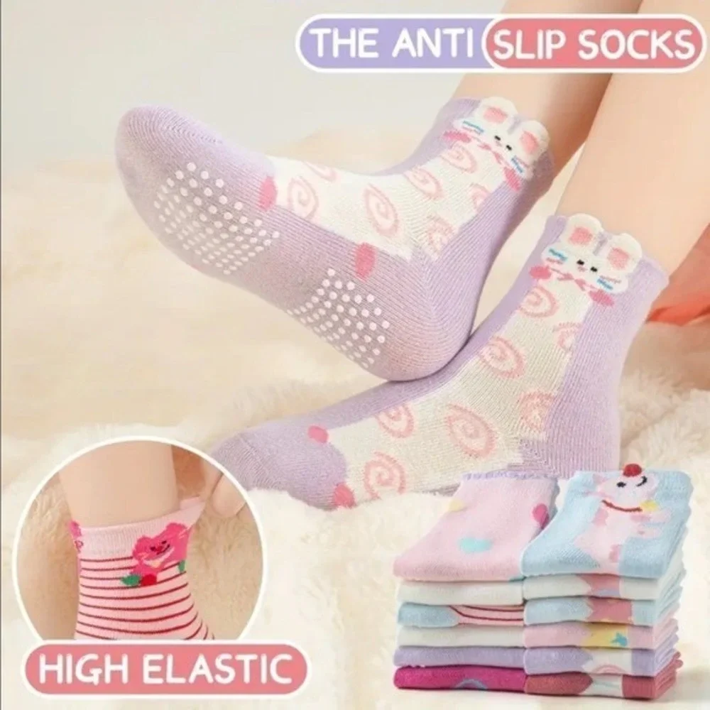 Girls Grip Anti-slip Animal Socks 5-8YO Pink Whimsical Funny Critter Pack Cotton
